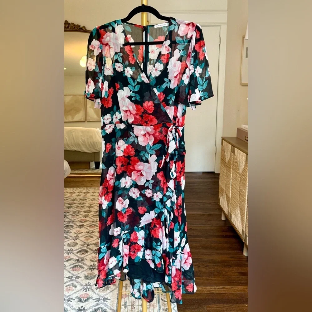 Calvin Klein Faux Wrap Black Red Floral Midi Wrap Dress - Size 8 - Picture 2 of 11